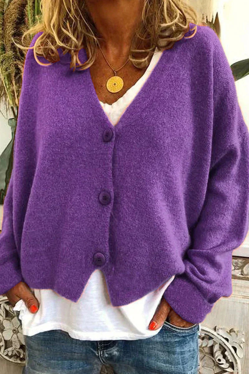 Women's patchwork knit cardigan cozy V-neck layering piece with subtle multicolor pattern