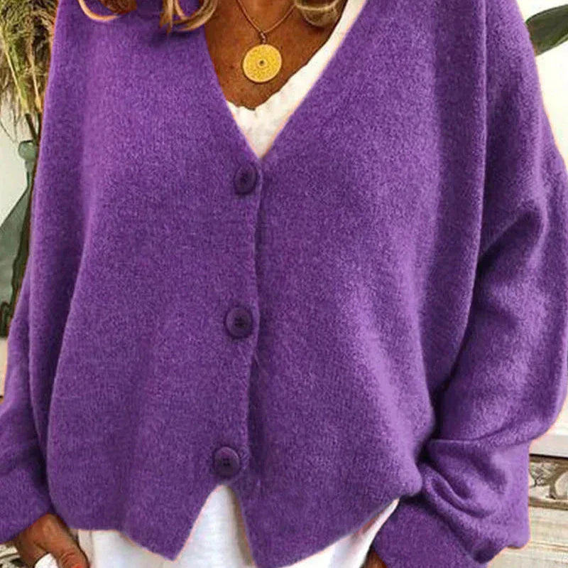 Women's loose fit V-neck cozy knit cardigan with button-front, relaxed silhouette for effortless layering
