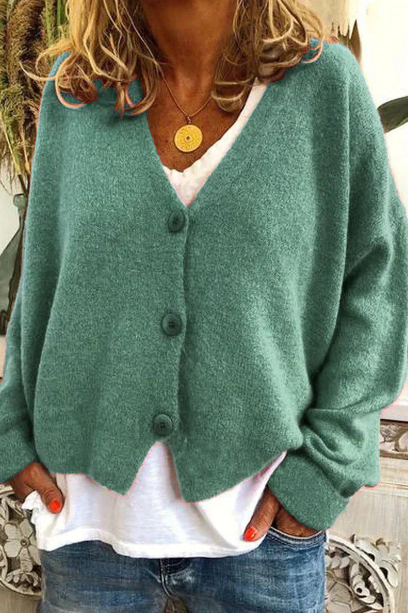Women's cozy patchwork knit cardigan V-neck layering sweater with subtle multicolor pattern