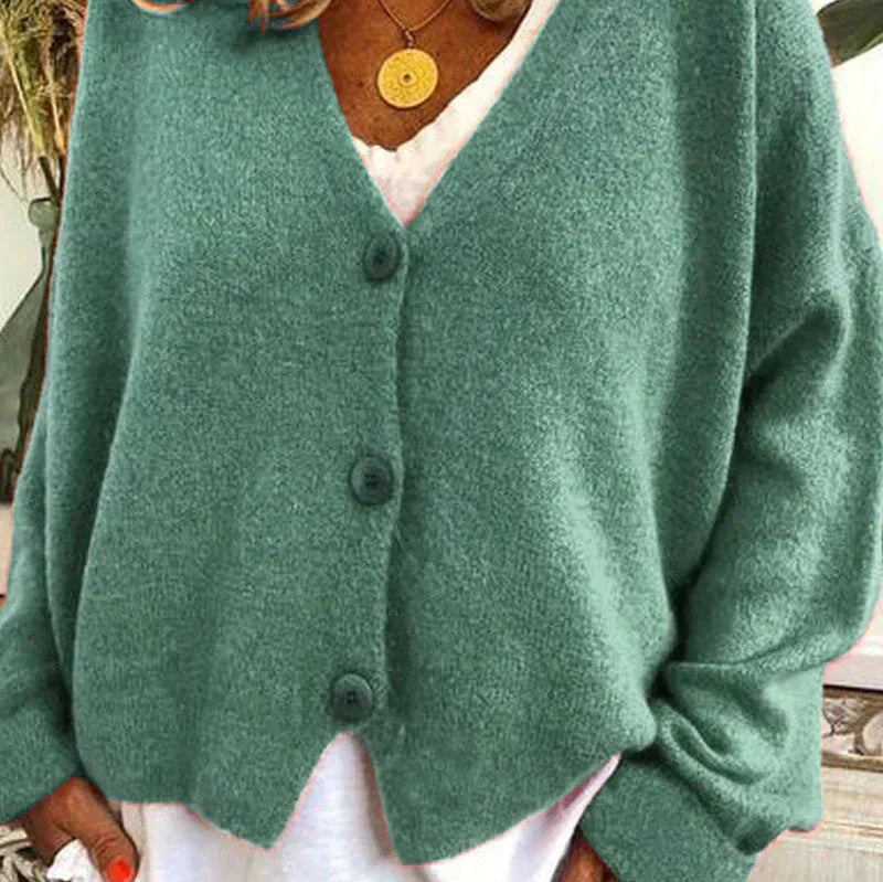 Women's loose fit v-neck cozy knit cardigan with button-front closure for effortless everyday layering