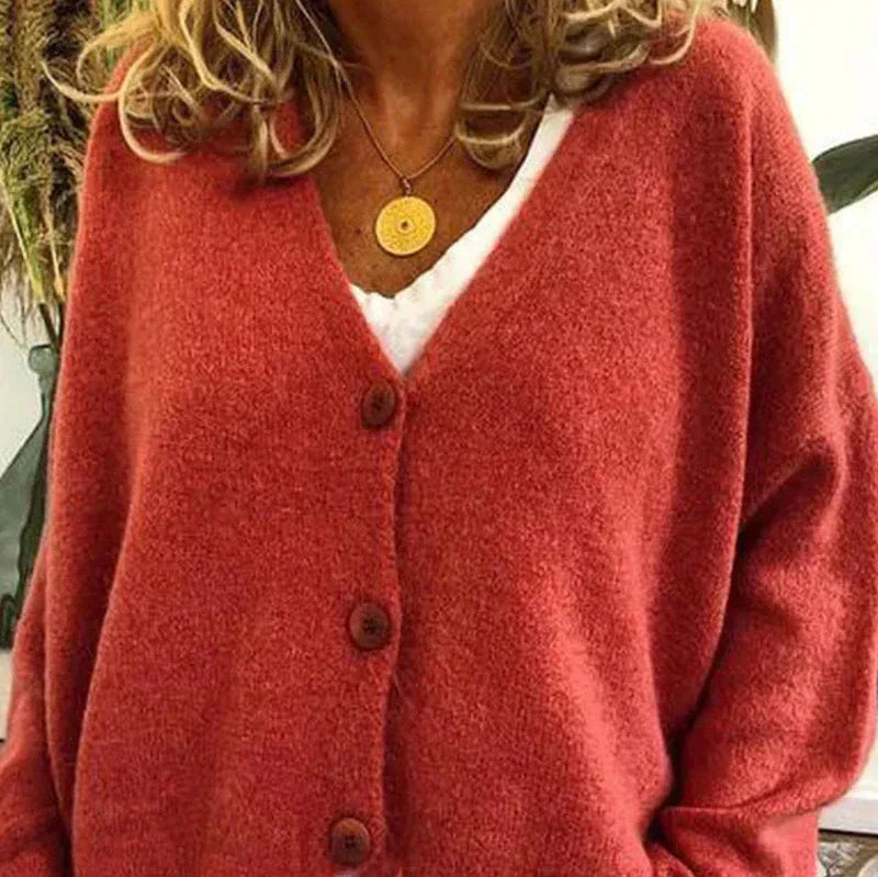 Women's loose fit V-neck cozy knit cardigan with button-front closure for effortless everyday layering