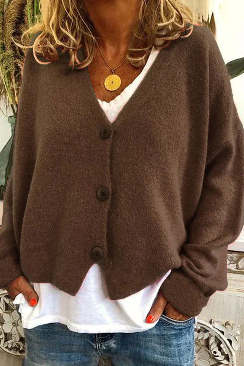 Women's patchwork knit cardigan cozy V-neck layering piece with subtle multicolor pattern