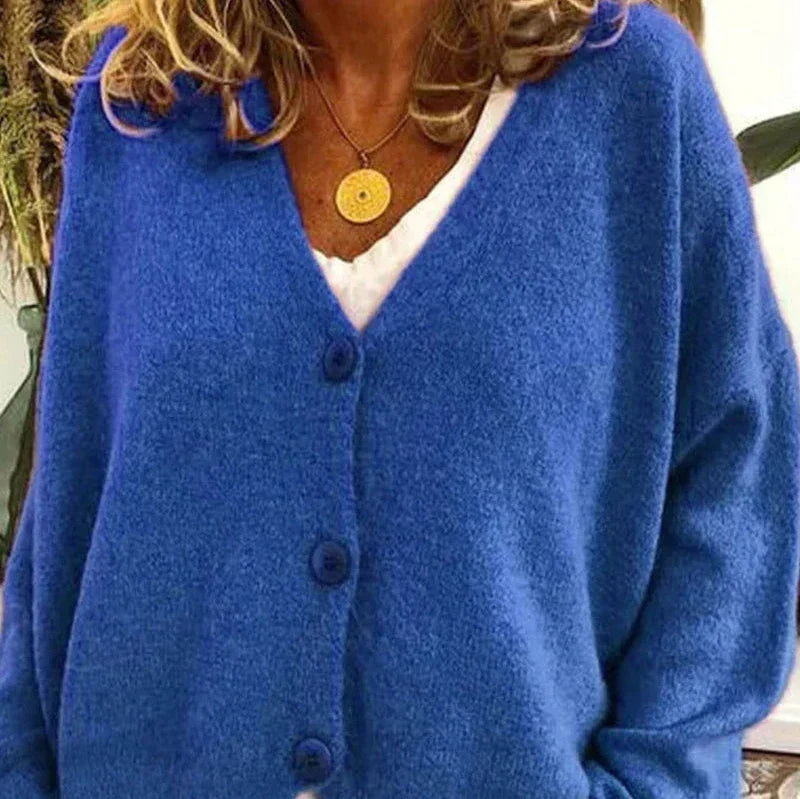 Women's loose fit v-neck knit cardigan in cozy soft texture with classic button-front for effortless layering