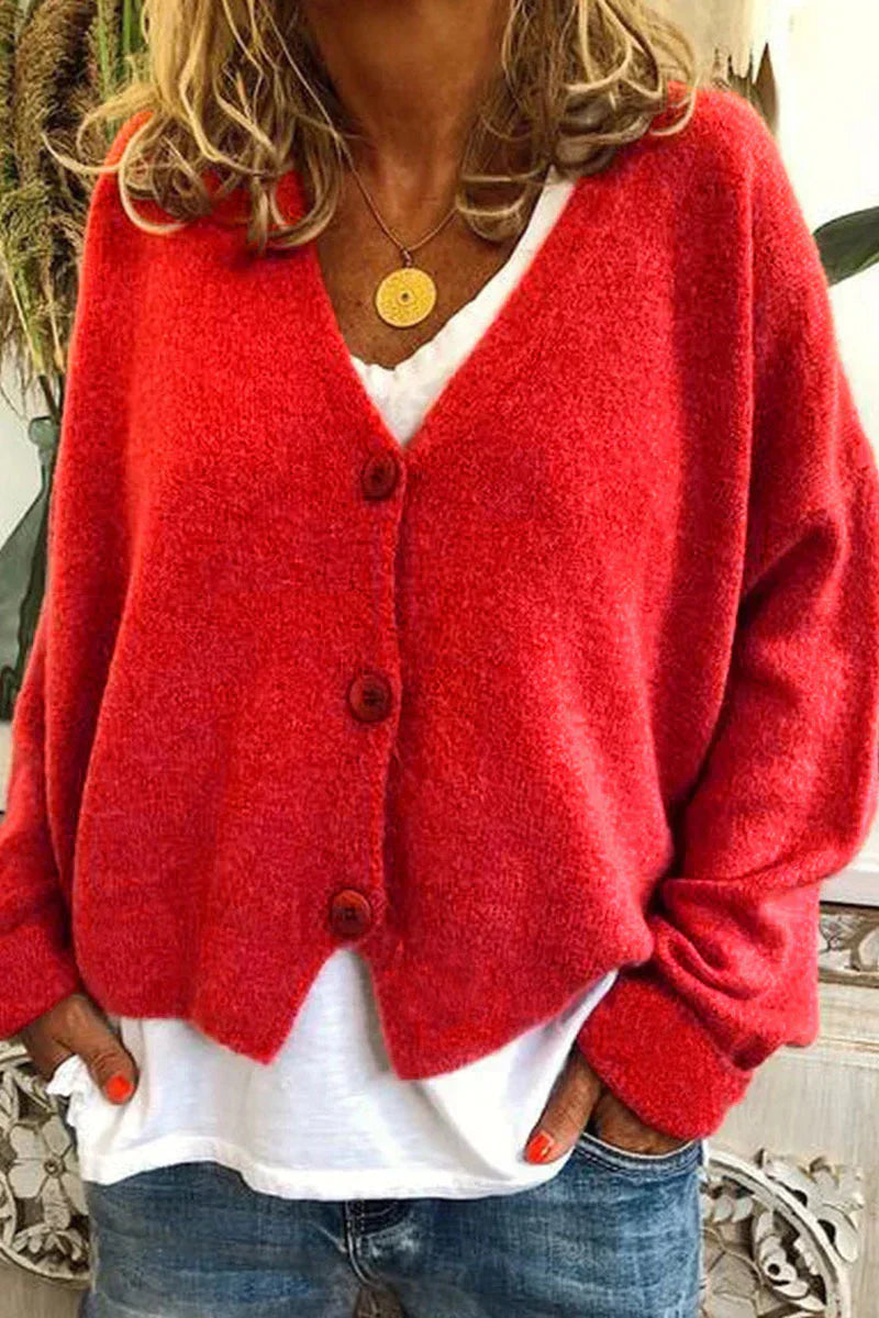 Women's cozy patchwork knit cardigan with V-neck, versatile layering piece in multicolor design