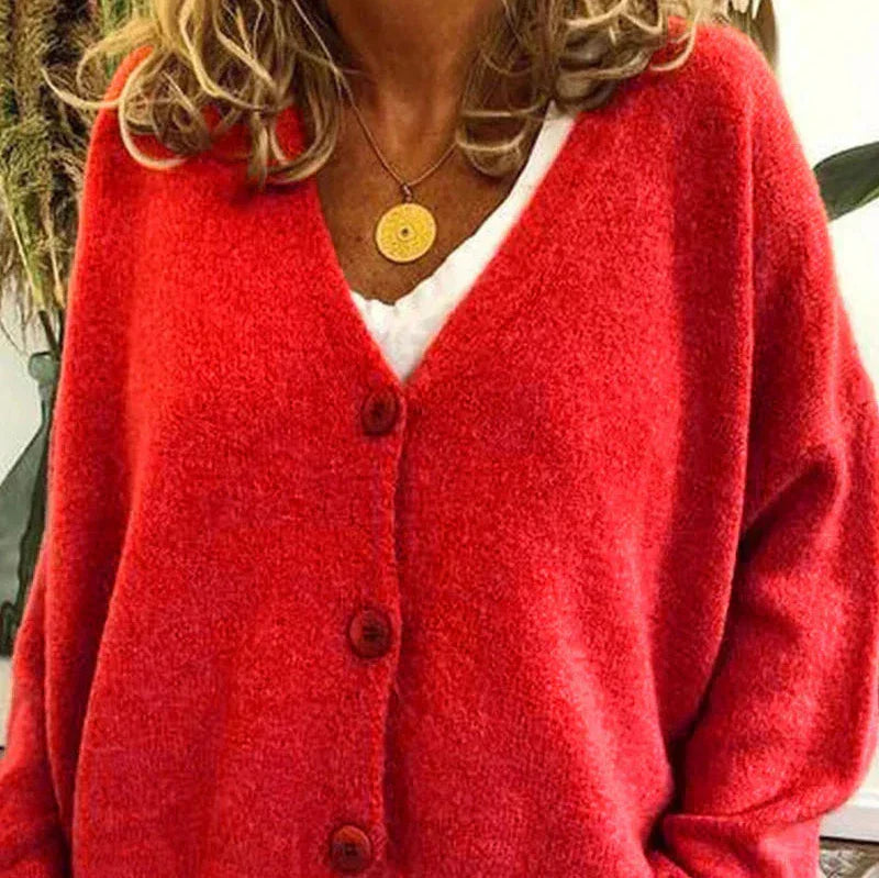 Women's loose fit v-neck knit cardigan in cozy soft fabric with classic button-front for effortless layering