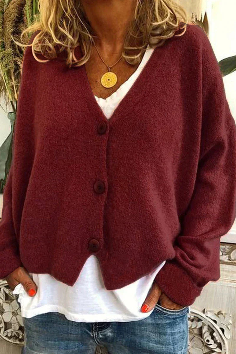 Women's patchwork knit cardigan cozy V-neck layering piece with subtle pattern detail