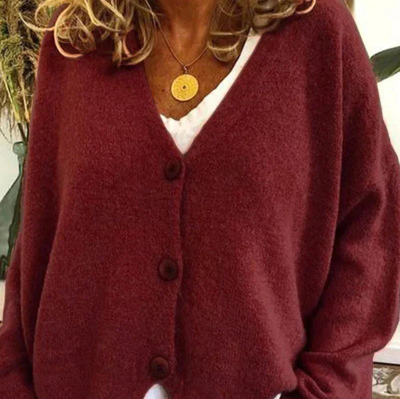 Women's loose fit V-neck cozy knit cardigan with button-front closure for effortless everyday layering