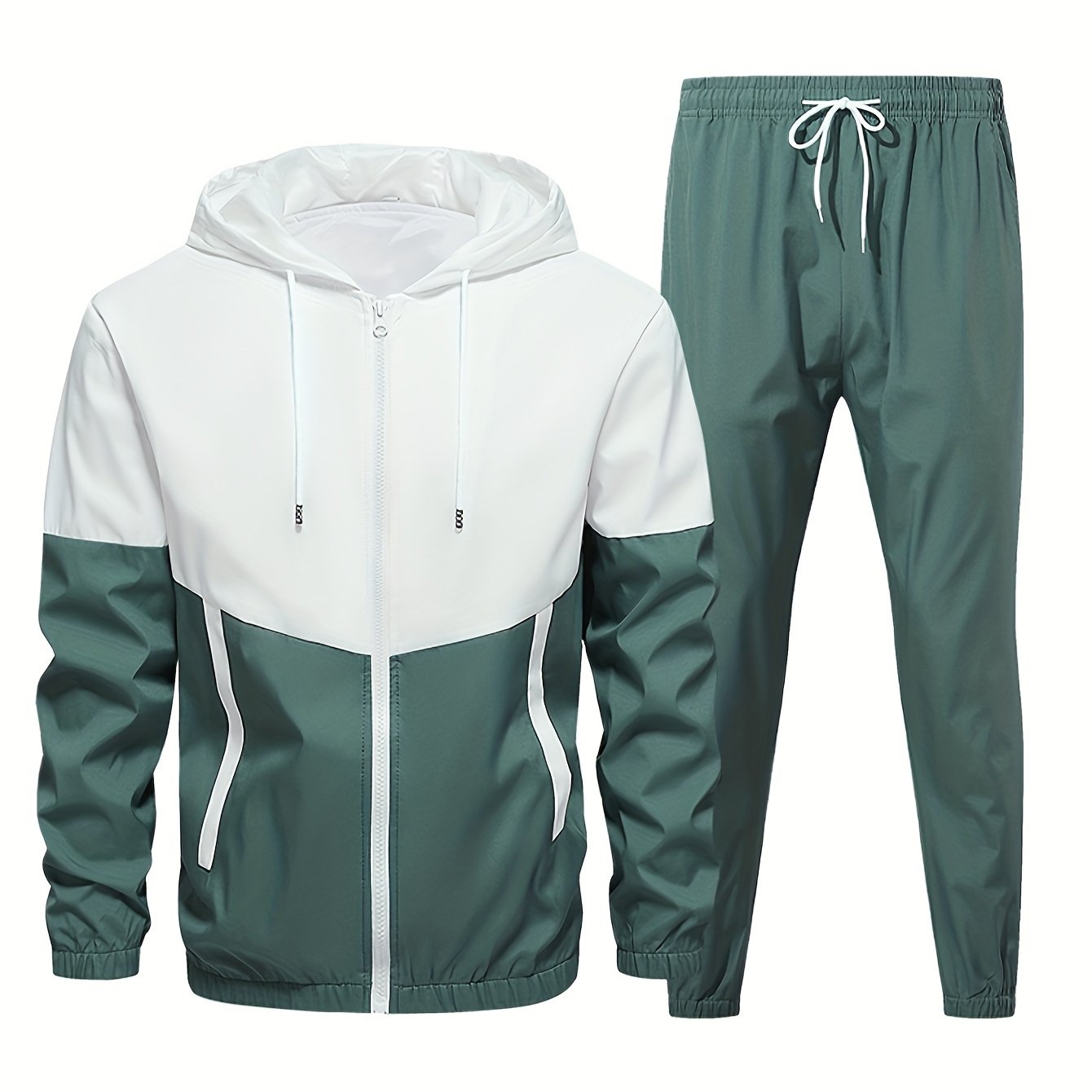 Men's color block hooded tracksuit, comfort fit two-piece leisure set for home and casual wear