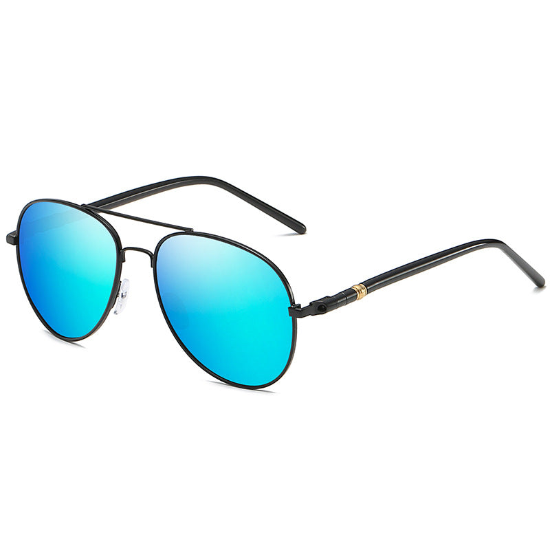 Black aviator polarized sunglasses with mirrored UV400 lenses, sleek metal frame for outdoor use