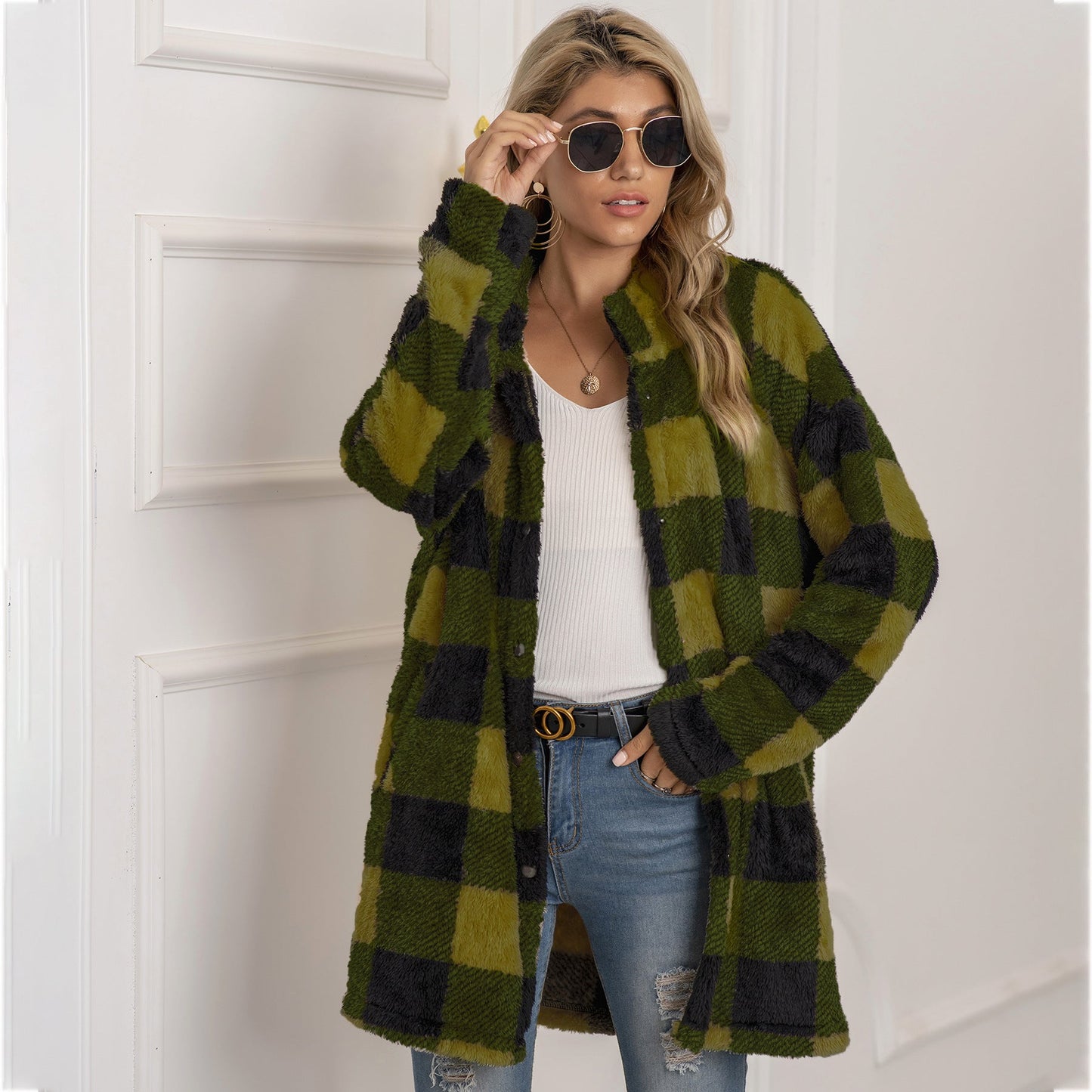 Women's longline colorblock plaid fleece coat cozy warm winter essential bold pattern