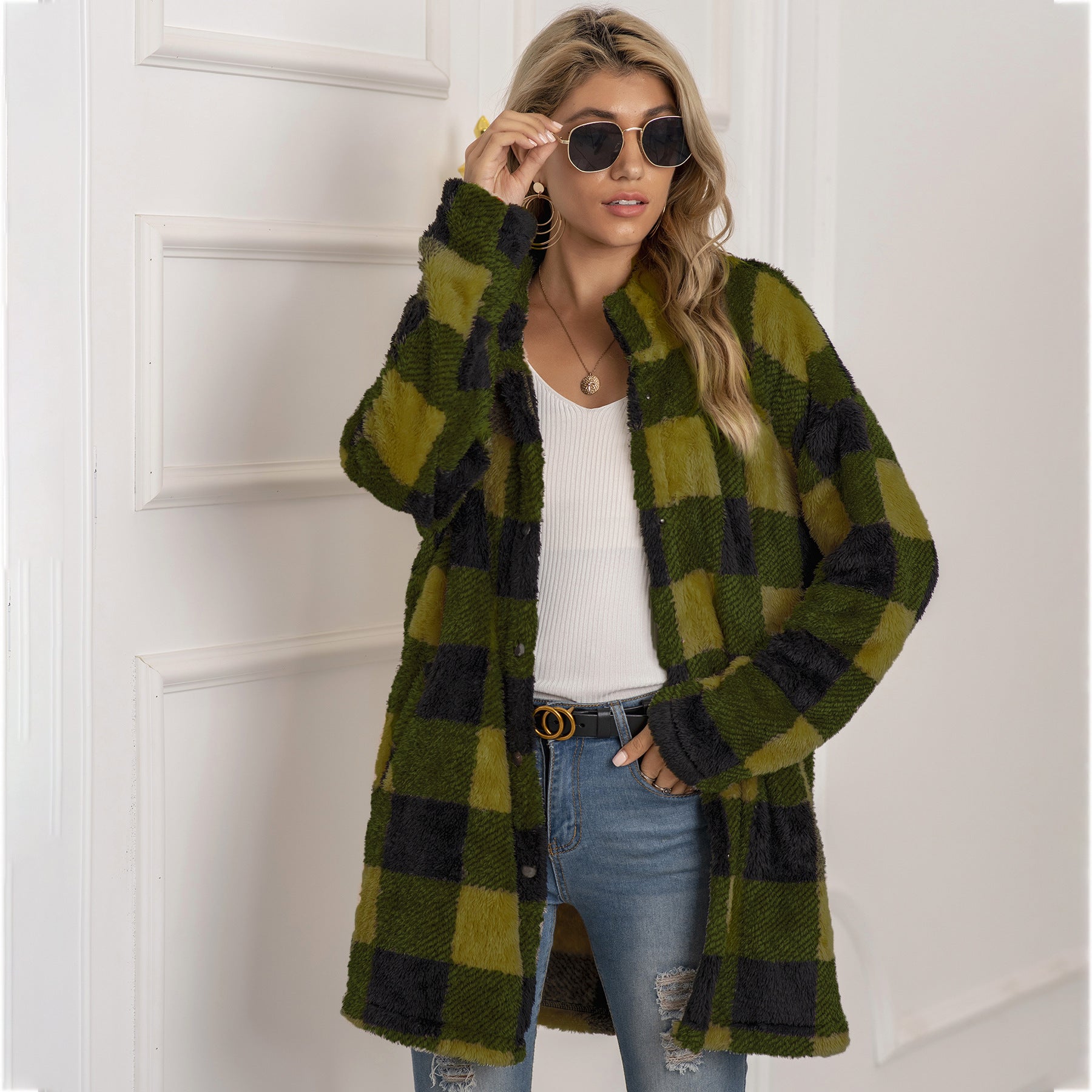 Women's longline colorblock plaid fleece coat cozy warm winter essential bold pattern