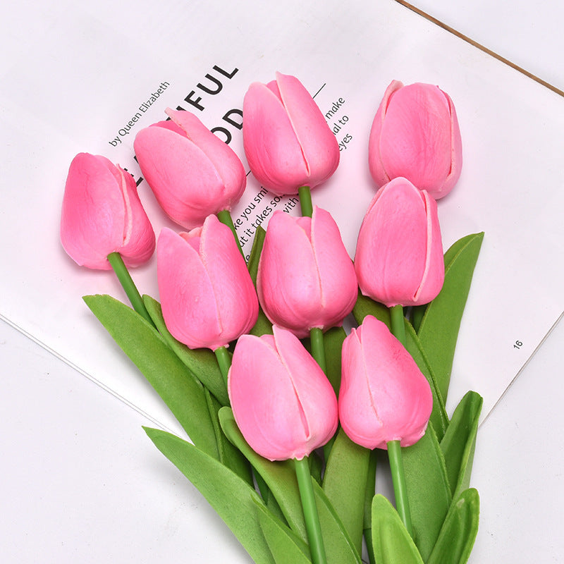 Yellow artificial tulip bouquet with realistic green leaf detailing and soft-touch lifelike petals for home decor