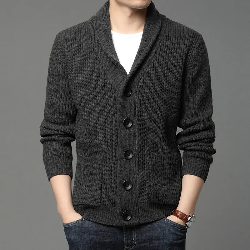 Men's shawl collar cardigan ribbed knit button-front relaxed fit versatile layering piece