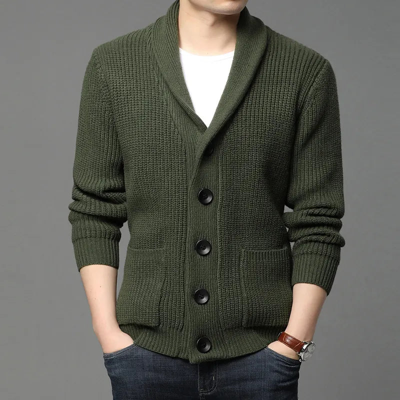 Men's shawl collar cardigan ribbed knit button-front relaxed fit timeless layering style