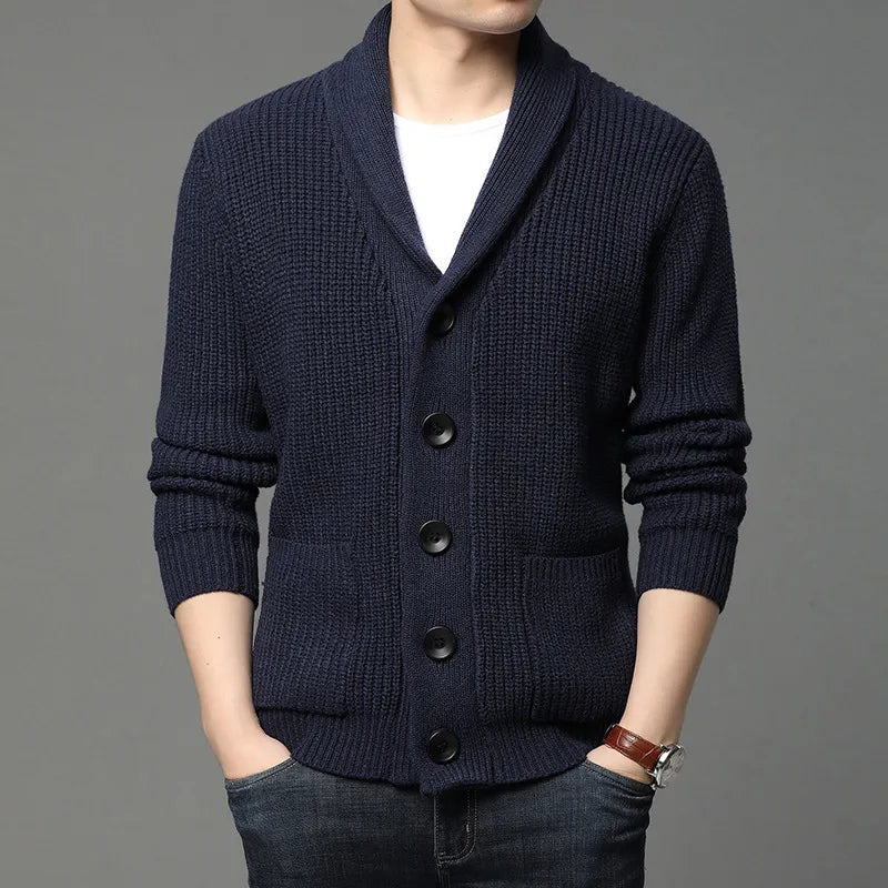 Men's shawl collar cardigan ribbed knit button-front relaxed fit timeless layering style