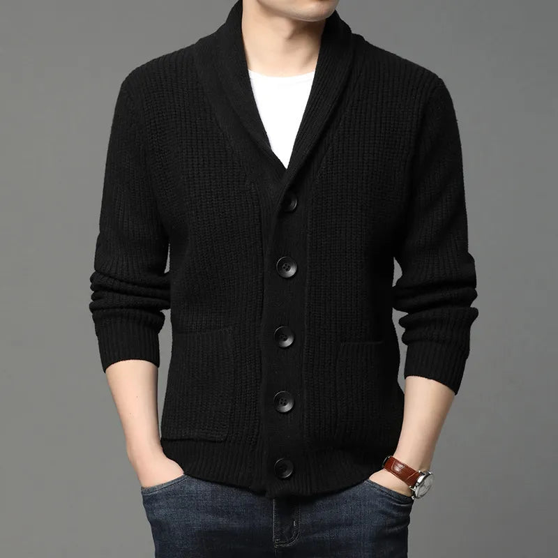 Men's gray ribbed knit shawl collar cardigan with button-front closure for relaxed layering