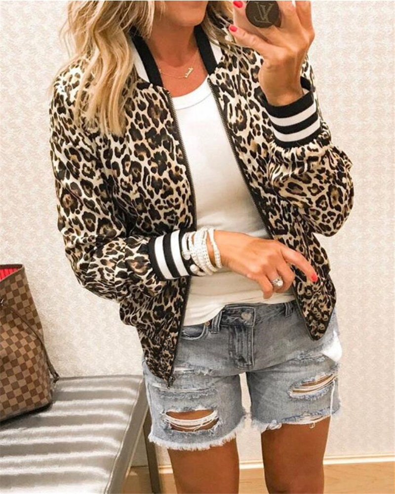 Women's slim-fit leopard print jacket round neck long sleeves autumn winter versatile layering piece