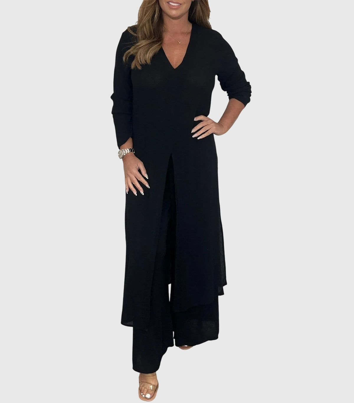 Pearl | Women's Duster Cardigan Two-Piece Set Wide Leg Pants