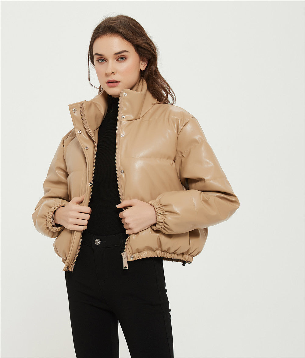 Black short PU parka cotton-insulated urban silhouette cozy warm winter coat everyday wear