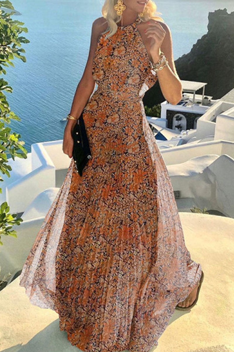 White polka dot halterneck maxi dress women A-line silhouette lightweight summer beach style
