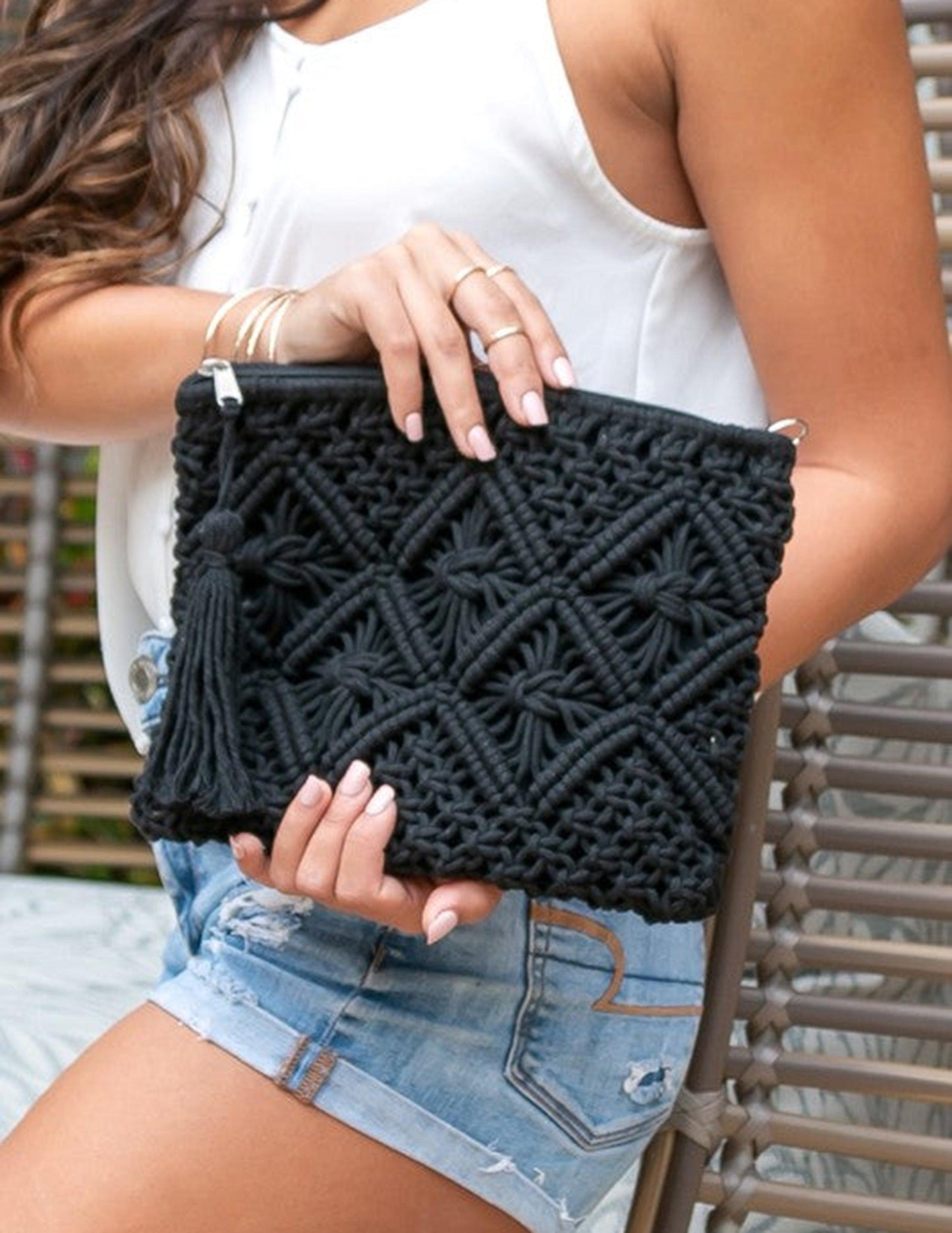 Handcrafted diamond macrame tassel clutch purse boho chic woven evening bag for women