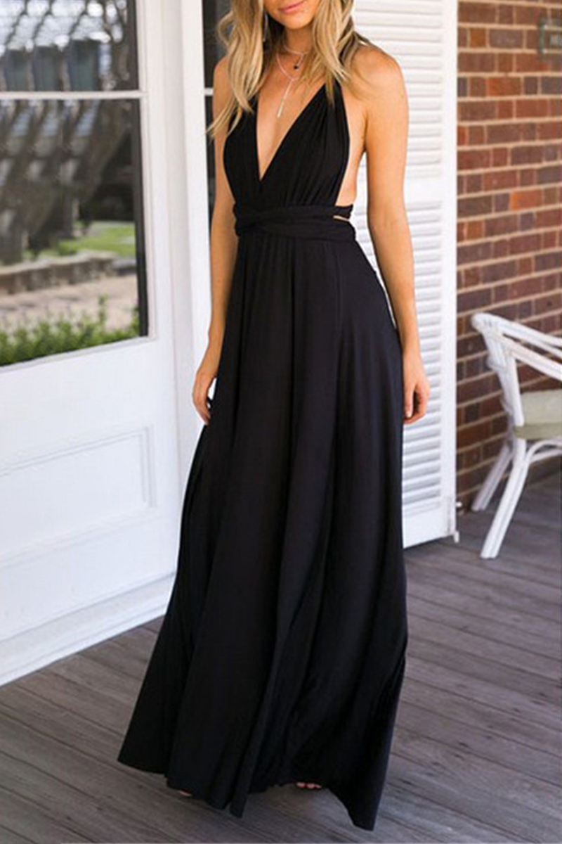 Women's floor-length halterneck A-line evening gown with daring high slit for wedding and party glam