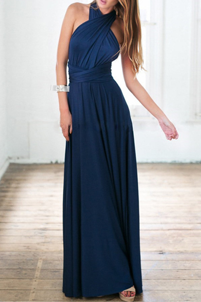 Women's floor-length halterneck A-line evening gown with daring high slit for weddings and parties