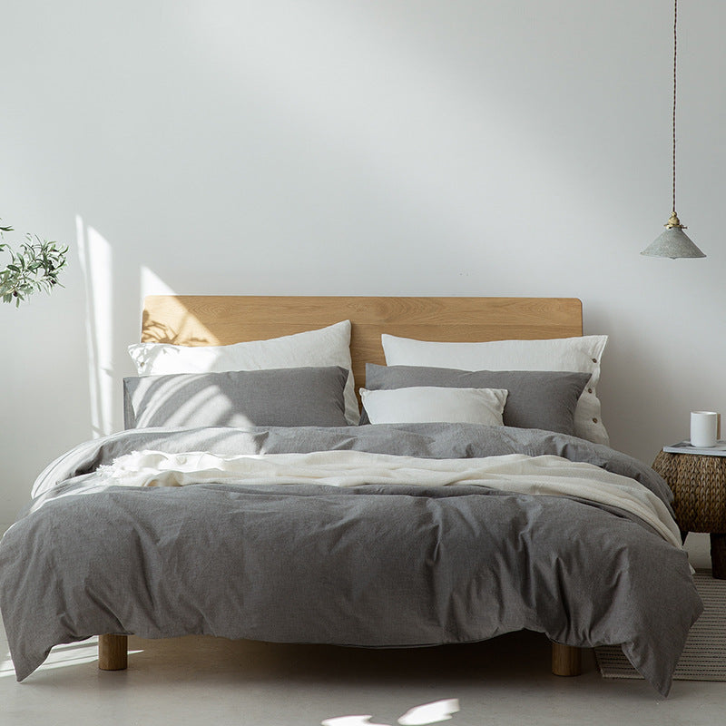 Dark gray Japanese minimalist cotton duvet cover set, breathable pre-washed fabric, serene bedroom aesthetic