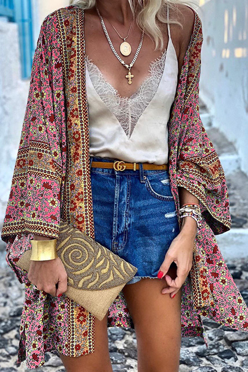 Women's boho kimono cardigan lightweight chiffon floral geometric print flowing sleeves layering piece