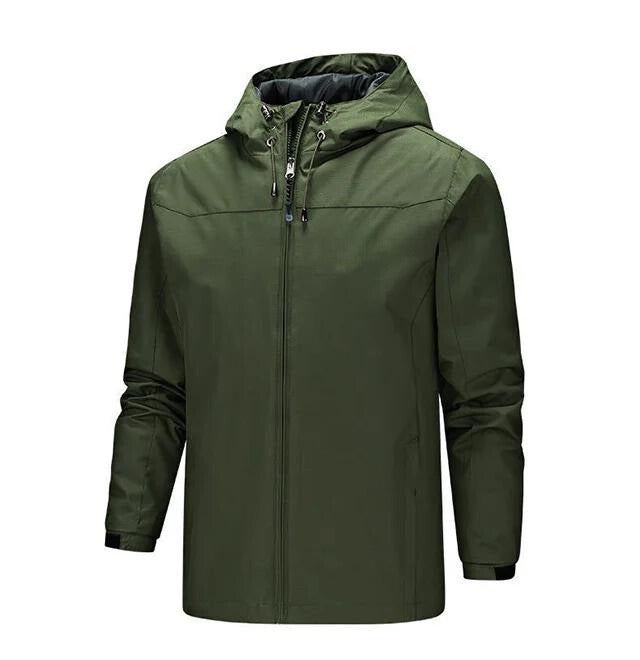 Men's black hooded rain jacket regular fit with sealed seams, water-resistant weatherproof outerwear