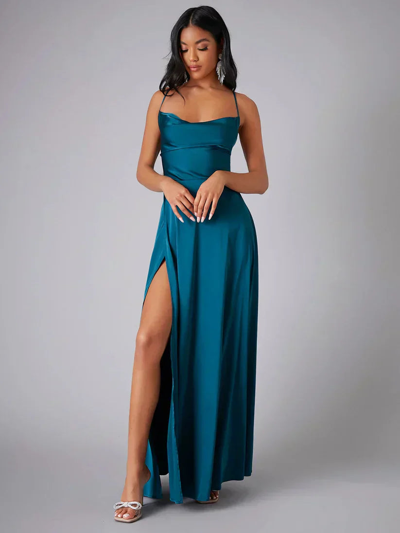Elegant satin evening dress with draped neckline, spaghetti straps, and sleek silhouette for formal occasions