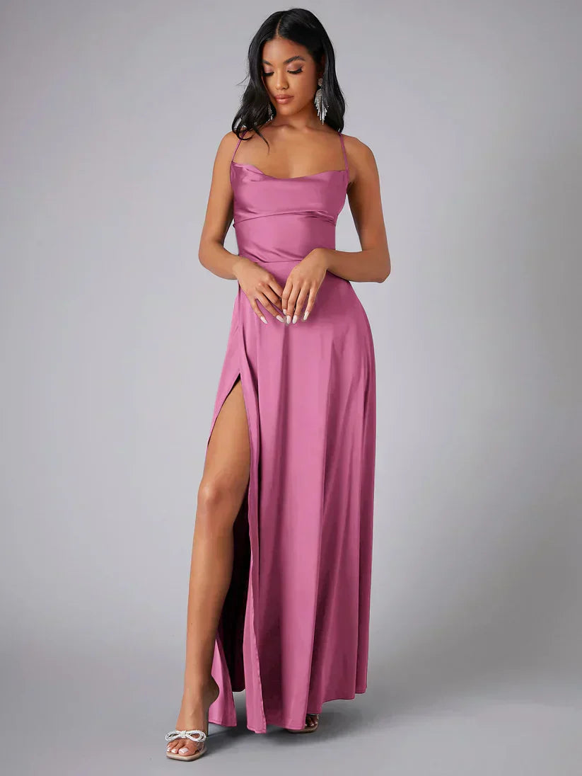 Elegant long satin evening dress with draped neckline and delicate spaghetti straps for women