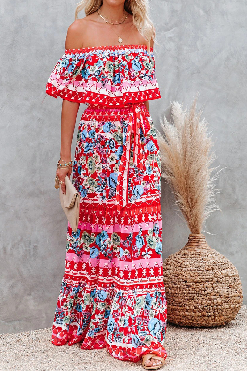 Women's boho floral maxi dress off-shoulder silhouette with waist tie and ruffle hem detail