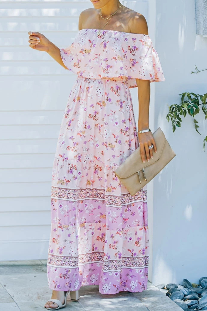 Women's boho floral maxi dress off-shoulder silhouette with waist tie and ruffle hem detail
