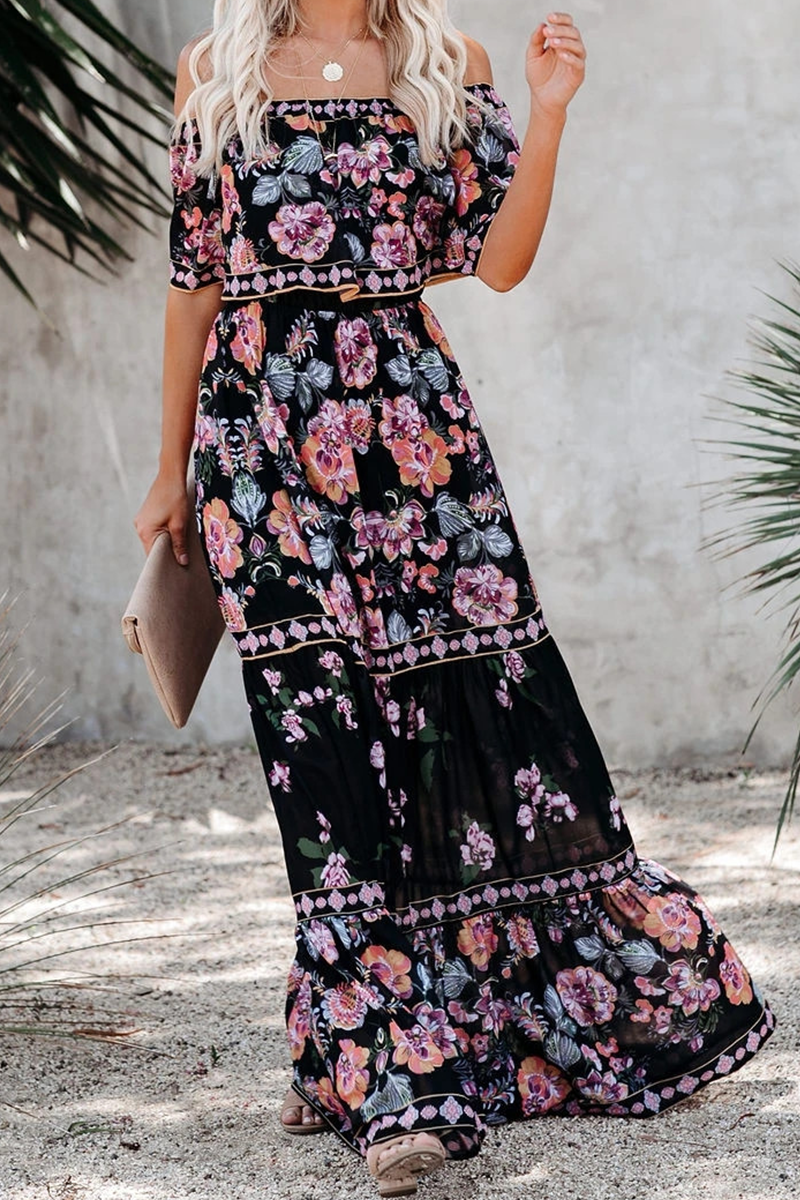 Women's boho floral maxi dress off-shoulder silhouette with waist tie and ruffle hem detailing