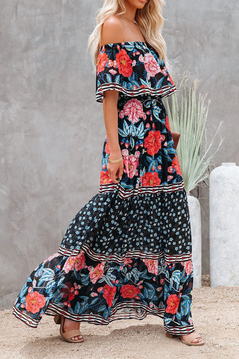 Women bohemian off-shoulder maxi dress floral print ruffle details tie belt light breezy summer style