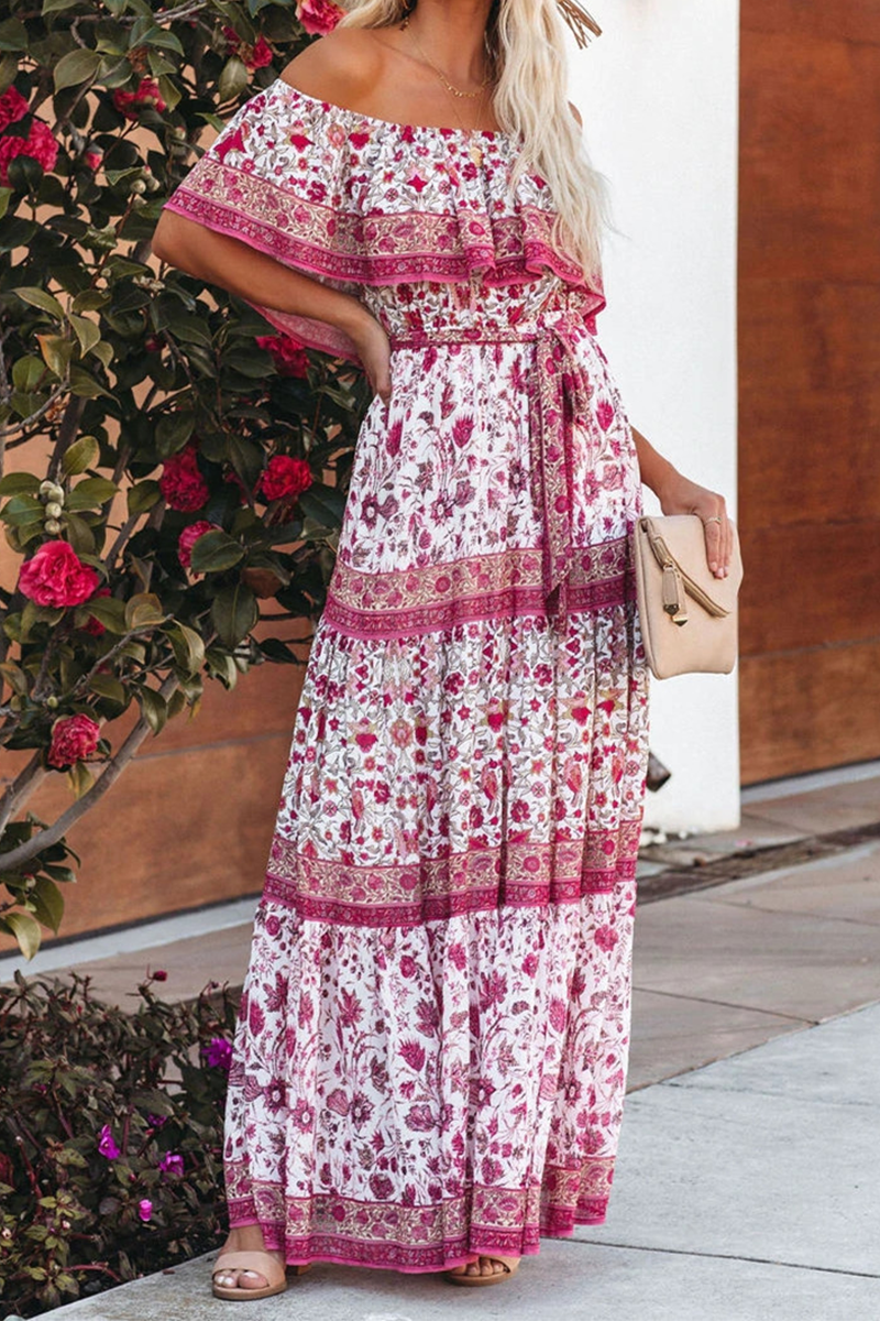 Women bohemian off-shoulder maxi dress floral print ruffle details tie belt light breezy summer style