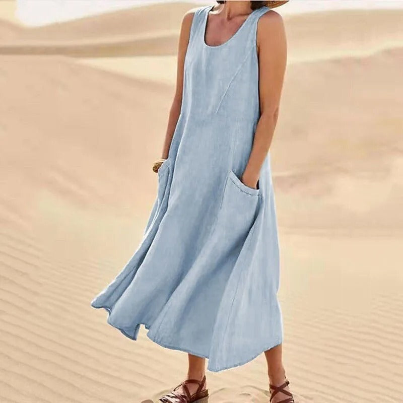 Women's sleeveless linen dress in natural tones, elegant slim silhouette with breathable fabric for summer