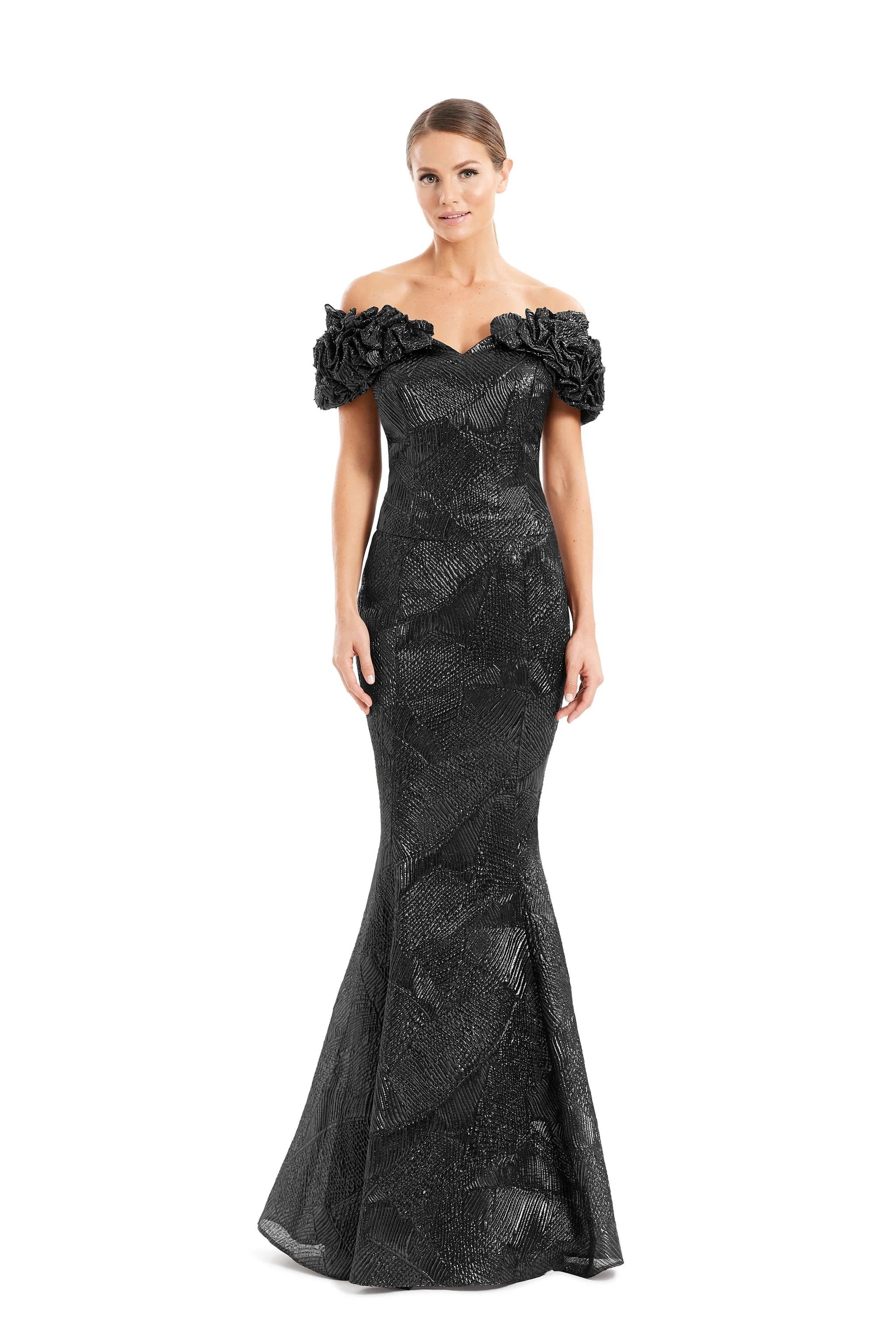 Alexander by Daymor metallic brocade mermaid gown off-shoulder sweetheart neckline ruffle formal evening dress