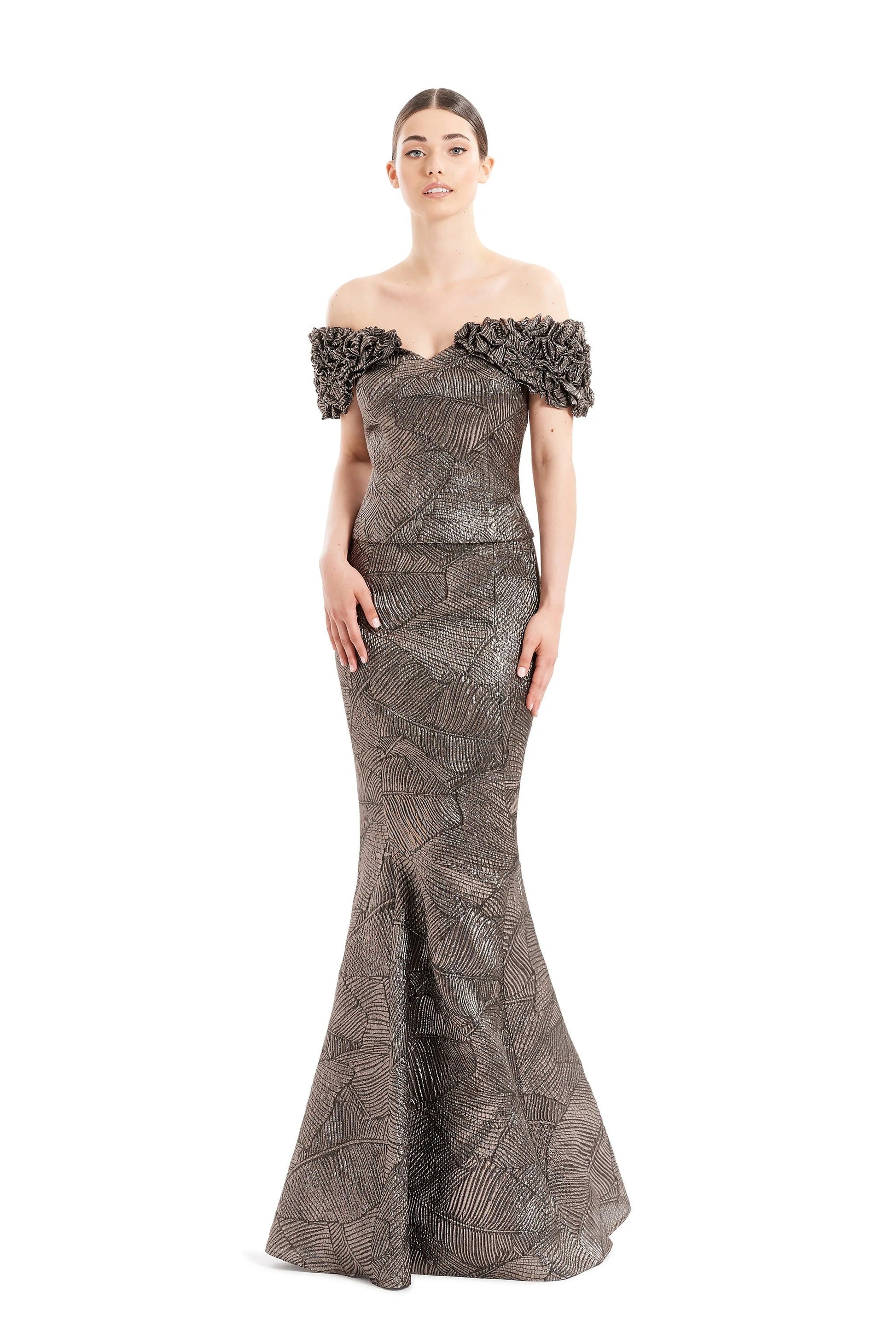 Alexander by Daymor metallic brocade off-shoulder mermaid gown with ruffle detail for formal events