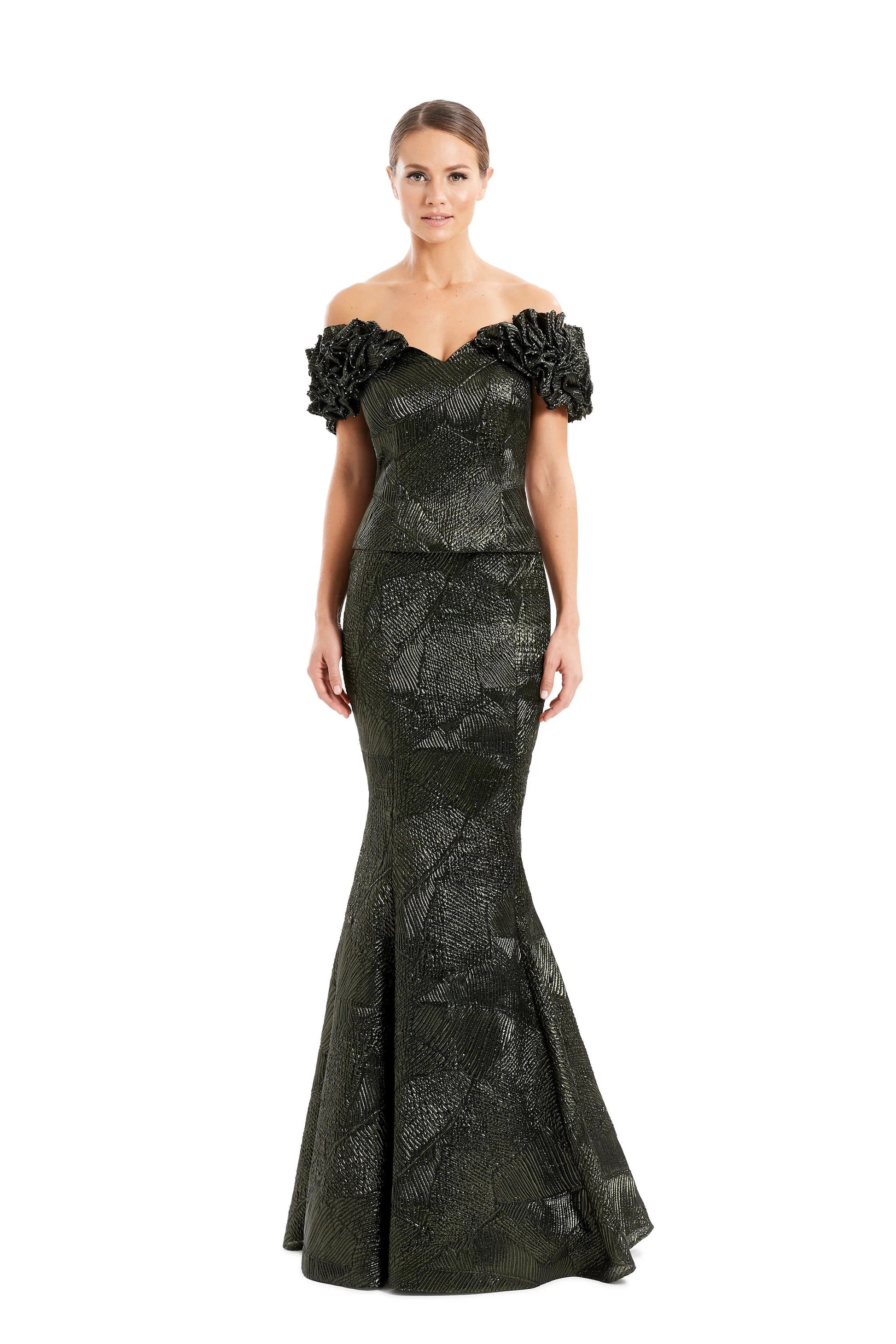 Alexander by Daymor metallic brocade off-shoulder mermaid gown with sweetheart neckline and ruffle detail