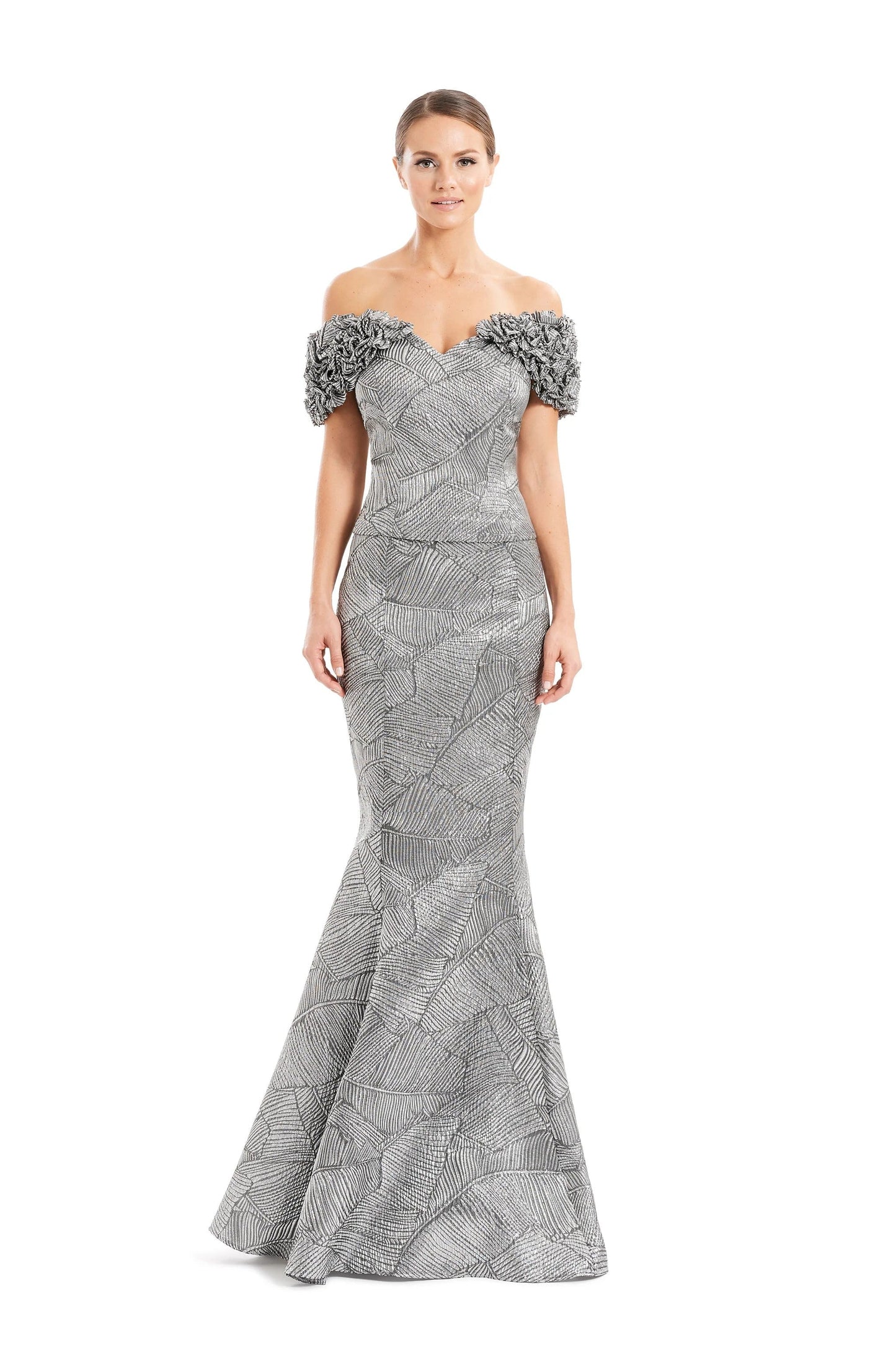 Alexander by Daymor metallic brocade off-shoulder mermaid gown with sweetheart neckline and ruffle detail