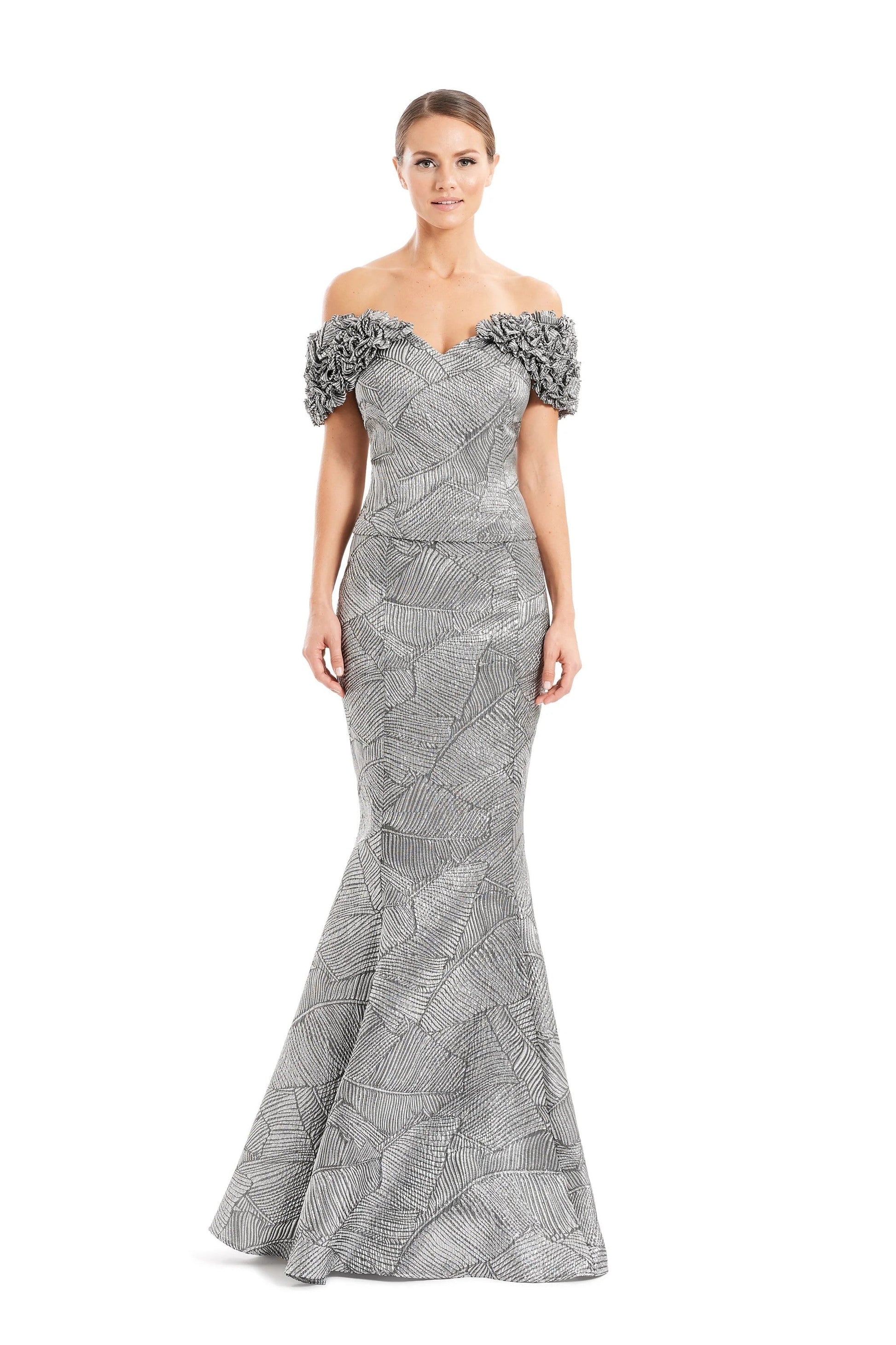 Alexander by Daymor metallic brocade off-shoulder mermaid gown with sweetheart neckline and ruffle detail