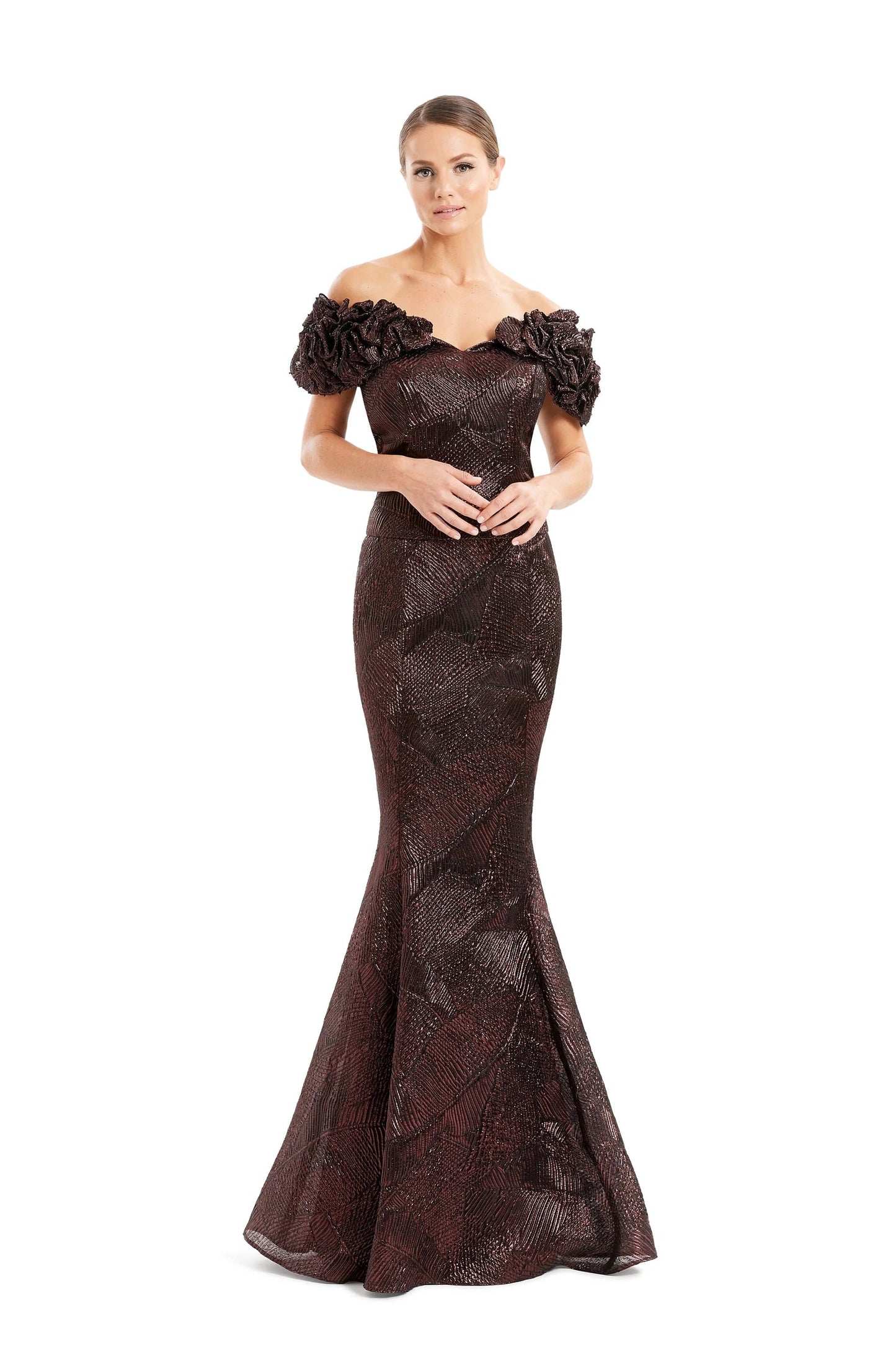 Alexander by Daymor metallic brocade off-shoulder mermaid gown with sweetheart neckline and ruffle detail