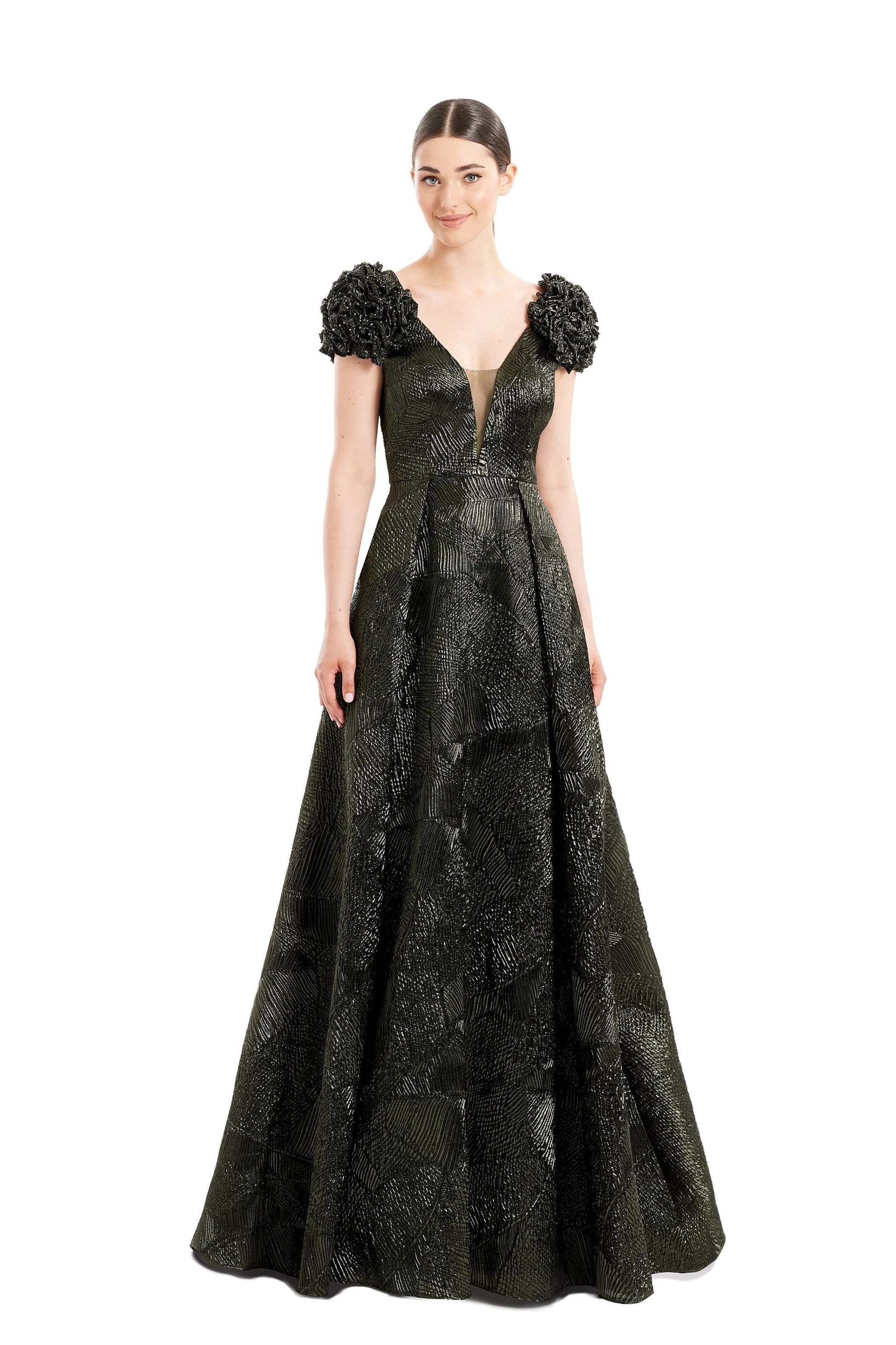 Alexander Daymor metallic brocade pleated A-line evening gown with plunging V-neck sheer inset
