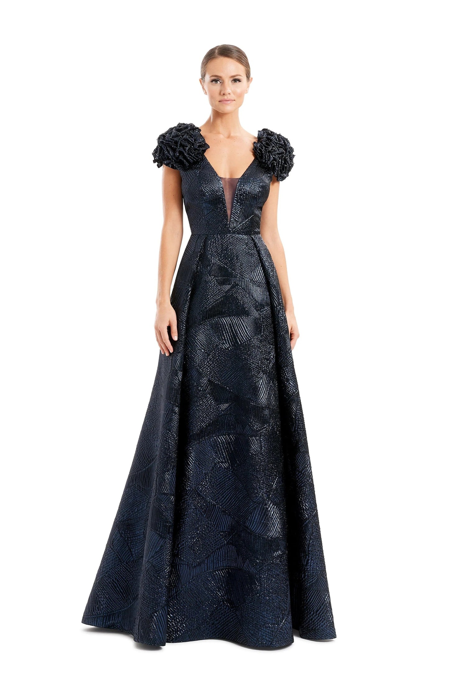 Alexander Daymor metallic brocade pleated A-line evening gown with plunging V-neck sheer inset