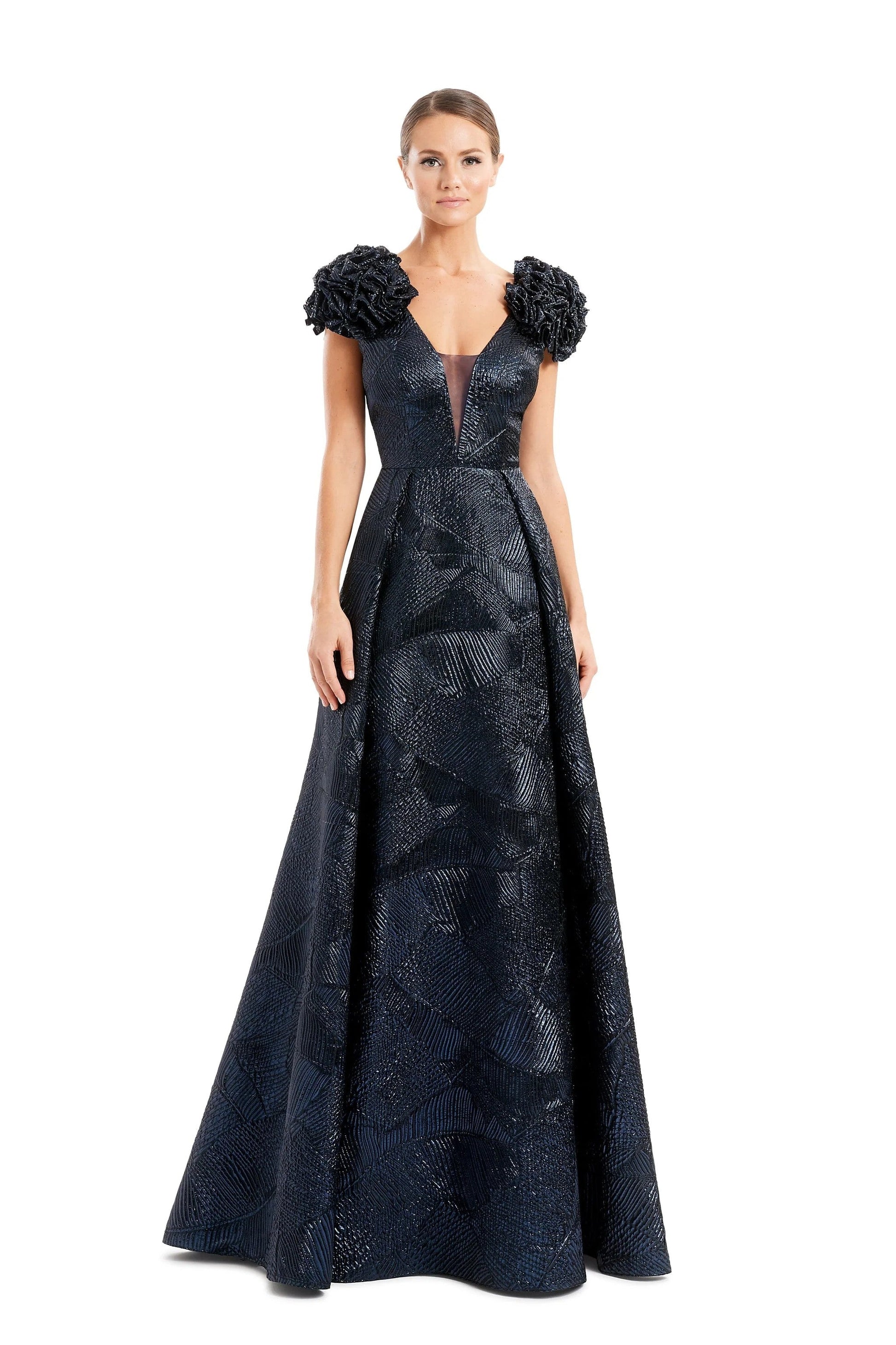 Alexander Daymor metallic brocade pleated A-line evening gown with plunging V-neck sheer inset