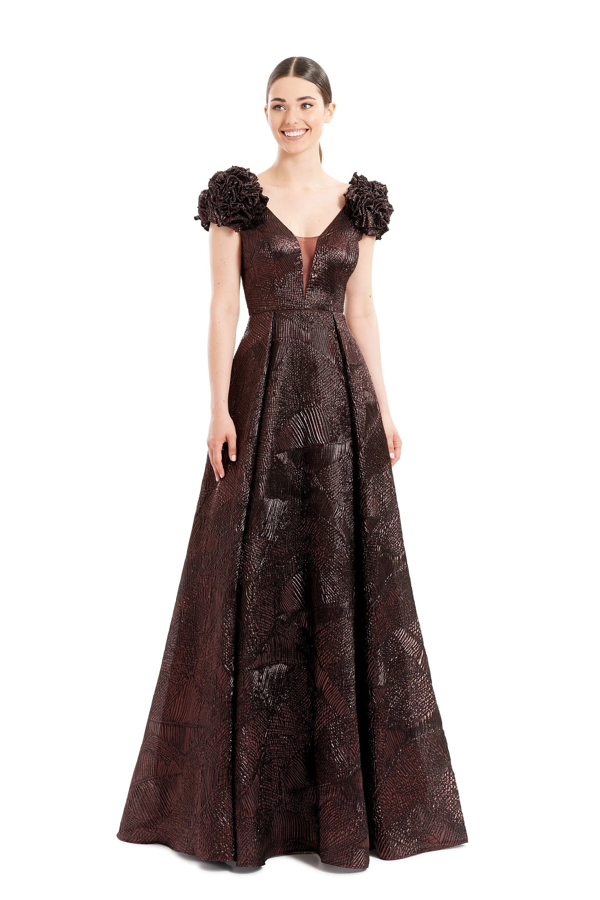 Alexander Daymor metallic brocade pleated A-line evening gown with plunging V-neck sheer inset