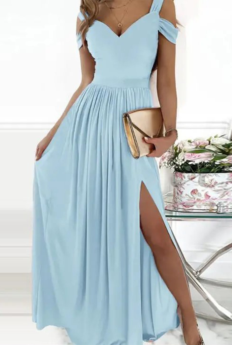 Black off-shoulder V-neck maxi evening dress with flowing skirt, elegant formal gown