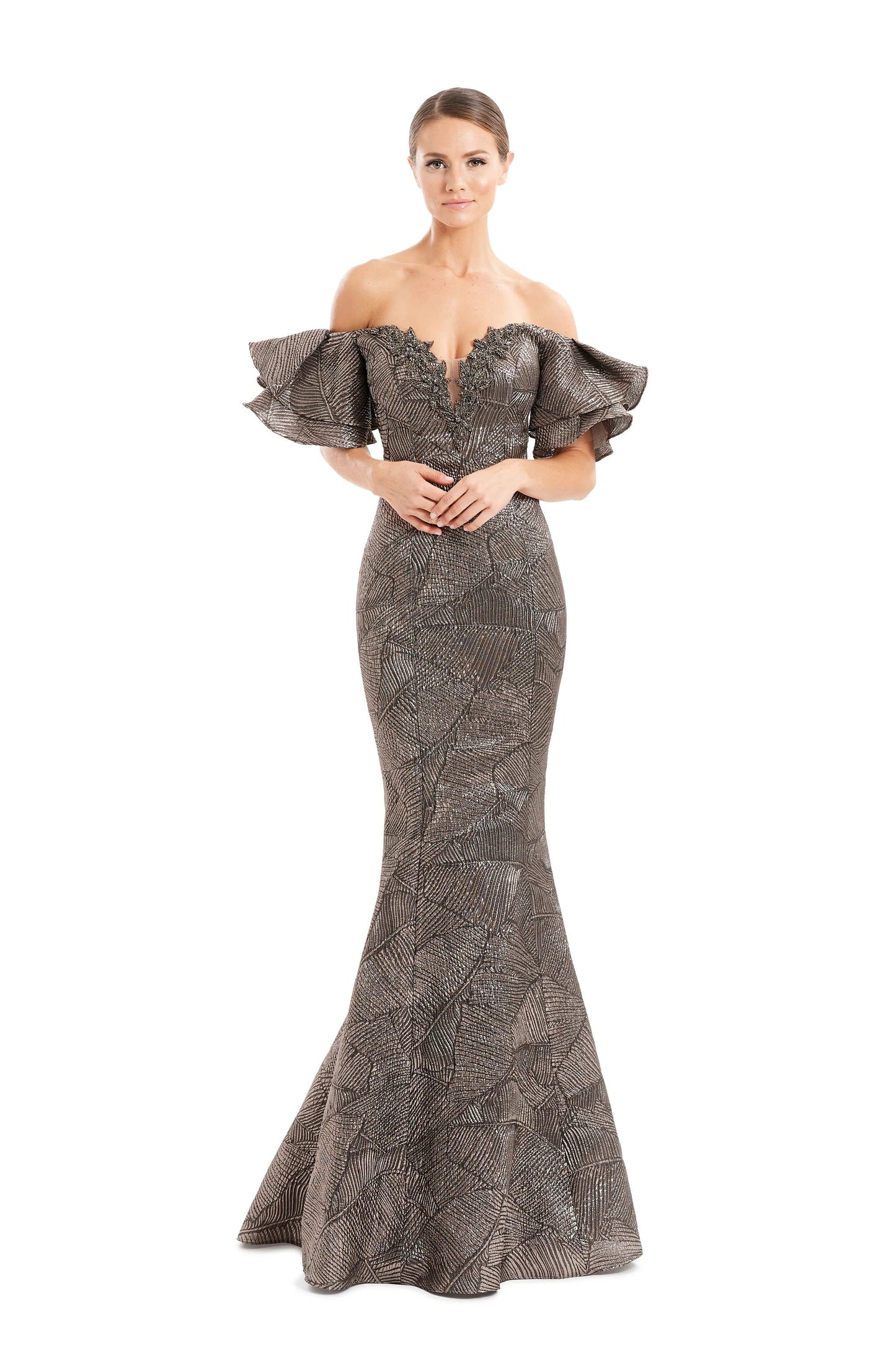 Alexander Daymor floral beaded brocade mermaid evening gown off-shoulder formal dress